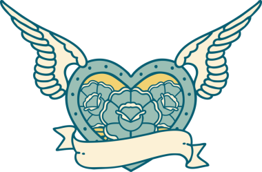 Bir insan tarafından çizilmiş çiçek ve bayrak ile uçan bir kalbin ikonik dövme görüntüsü