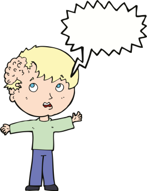 Bir insan tarafından çizilmiş konuşma baloncuğuyla kafasında büyüyen çizgi film çocuğu.