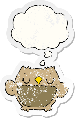 Düşünce baloncuğu olan karikatür baykuşu insan tarafından çizilmiş yıpranmış bir çıkartma.