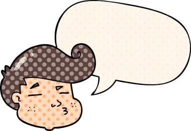 Çizgi roman tarzında bir insan tarafından çizilmiş konuşma balonlu çizgi film çocuğunun yüzü.