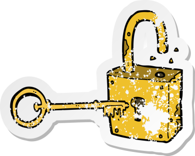 Bir insan tarafından çizilmiş paslı eski bir asma kilidin retro depresif çıkartması