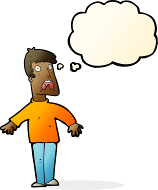 Bir insan tarafından çizilmiş düşünce baloncuğuyla dehşete düşmüş bir adam.