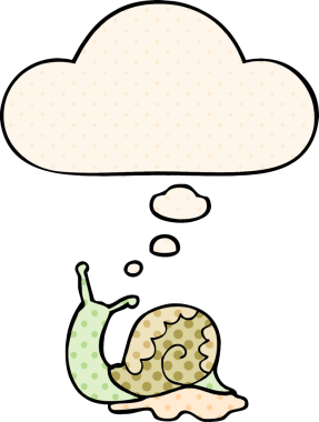 çizgi roman tarzında bir insan tarafından çizilmiş düşünce baloncuklu çizgi film salyangozu.