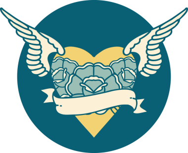 Kanatlı, çiçek ve bir insan tarafından çizilmiş bir kalbin ikonik dövme görüntüsü.