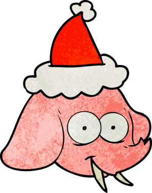 Bir insan tarafından çizilmiş Noel Baba şapkası takan bir fil yüzünün el çizimi karikatürü.
