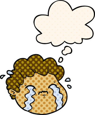 Bir insan tarafından çizilmiş çizgi roman tarzında düşünce balonu olan ağlayan çocuk.