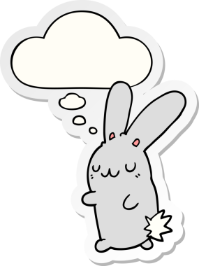 Bir insan tarafından çizilmiş bir çıkartma gibi düşünce balonlu şirin çizgi film tavşanı.