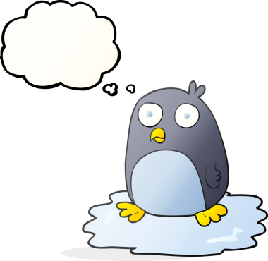 Bir insan tarafından buzda çizilmiş serbest çizim düşünce balonu pengueni.