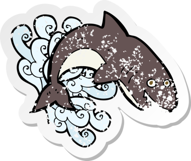 Bir insan tarafından çizilmiş bir karikatür köpekbalığının gerilemiş etiketi.