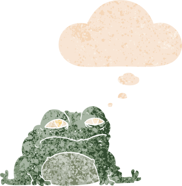 Düşünce baloncuklu çizgi film karakurbağası grunge sıkıntılı retro dokuma tarzı bir insan tarafından çizilmiş