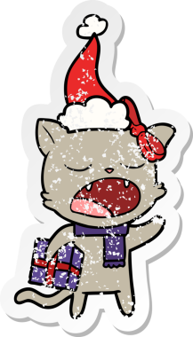 Bir insan tarafından çizilmiş Noel Baba şapkası takan kedinin kederli karikatürü.