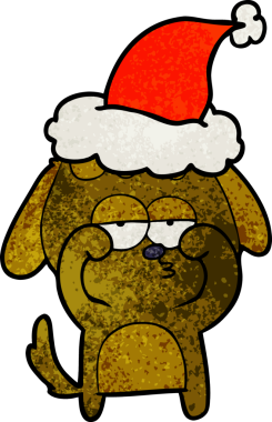 Bir insan tarafından çizilmiş Noel Baba şapkası giyen yorgun bir köpeğin el çizimi karikatürü.