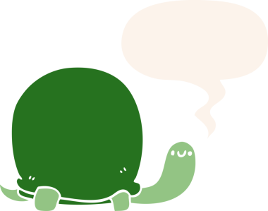 Bir insan tarafından çizilmiş, konuşma baloncuğu olan sevimli bir karikatür kaplumbağa.