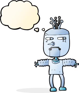 Bir insan tarafından çizilmiş düşünce baloncuklu çizgi film robotu