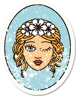 Bir insan tarafından çizilmiş çiçek tacıyla geleneksel bir bakire dövmesi.