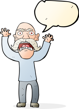 Bir insan tarafından çizilmiş konuşma balonlu kızgın yaşlı adam çizgi filmi.
