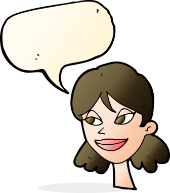 Bir insan tarafından çizilmiş konuşma balonlu mutlu kadın yüzü.