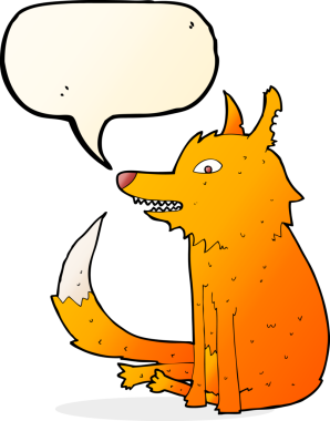 Bir insan tarafından çizilmiş konuşma baloncuğuyla oturan tilki.