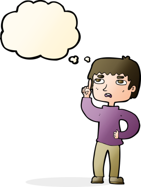 Bir insan tarafından çizilmiş düşünce baloncuğuyla soru soran çizgi film çocuğu.