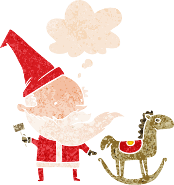 Çizgi film Noel Baba, bir insan tarafından çizilmiş grunge 'deki düşünce baloncuğuyla oyuncaklar yapıyor.