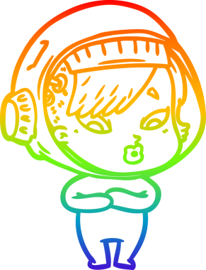 Gökkuşağı gradyan çizgi çizimi bir insan tarafından çizilmiş astronot bir kadın.