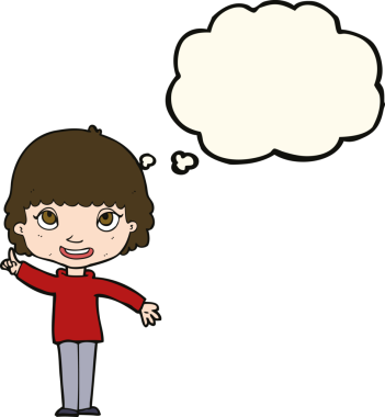 Bir insan tarafından çizilmiş düşünce baloncuğu fikri olan karikatür kadın.