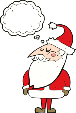 Bir insan tarafından çizilmiş düşünce baloncuklu Noel Baba çizgi filmi.