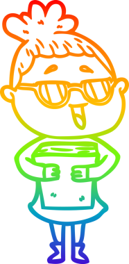 Bir insan tarafından çizilmiş gözlük takan mutlu bir kadının çizgi çizimi.