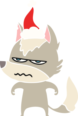 Bir insan tarafından çizilmiş Noel Baba şapkası giymiş rahatsız bir kurdun el çizimi düz bir çizimi.