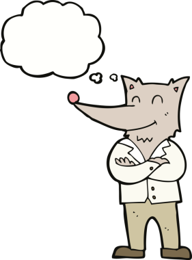 Düşünce baloncuğu olan tişörtlü bir kurt insan tarafından çizilmiş.