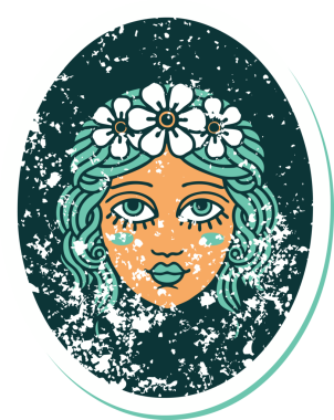 İkonik sıkıntılı dövme stili. Saçında bir insan tarafından çizilmiş çiçekler olan bir kızın resmi.