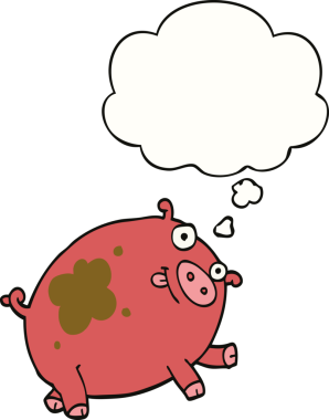 Bir insan tarafından çizilmiş düşünce balonlu çizgi film domuzu.