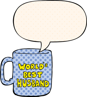 Dünyanın en iyi kocası, bir insan tarafından çizilmiş bir çizgi roman tarzıyla konuşma baloncuğu ile.