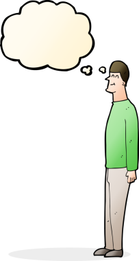 Bir insan tarafından çizilmiş düşünce baloncuğu olan uzun boylu bir adam.