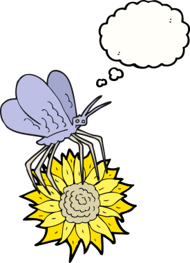 Bir insan tarafından çizilen çiçeğin üzerine serbest çizilmiş düşünce balonu kelebeği.