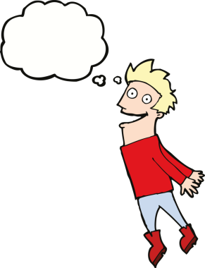 Karikatür sırılsıklam olmuş adam bir insan tarafından çizilmiş düşünce balonuyla uçuyor.