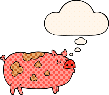 Çizgi roman tarzında bir insan tarafından çizilmiş düşünce baloncuklu bir domuz.