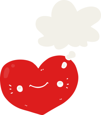Düşünce baloncuğu olan bir insan tarafından çizilmiş kalp karikatürü karakteri.