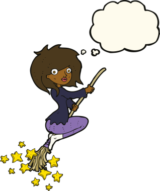 Bir insan tarafından çizilmiş düşünce balonuyla süpürgeye binen cadı çizgi filmi.