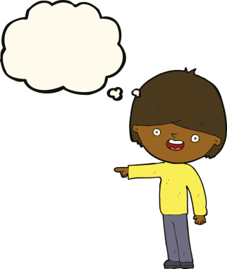 Bir insan tarafından çizilen düşünce baloncuğuyla işaret eden çizgi film adamı.