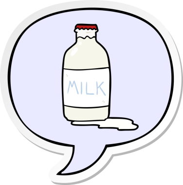 Bir insan tarafından çizilmiş konuşma kabarcığı çıkartmalı taze süt.
