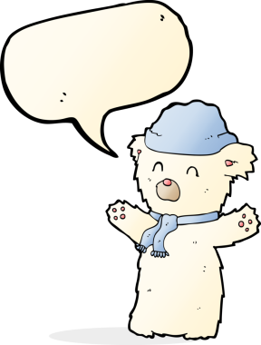 şapkalı ve atkılı şirin kutup ayısı. Bir insan tarafından çizilmiş konuşma baloncuğu.