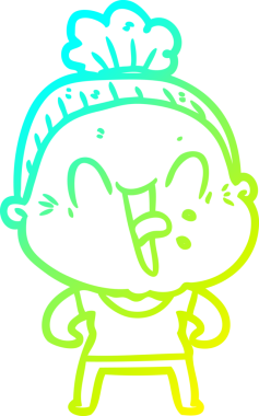 Bir insan tarafından çizilmiş, mutlu, yaşlı bir kadının çizimi.