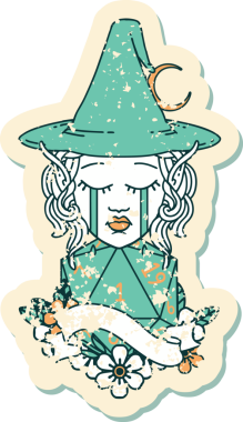 Retro Dövme Tarzı Ağlayan Elf Büyücüsü karakteri yüzü ve bir insan tarafından çizilmiş D20 rulosu