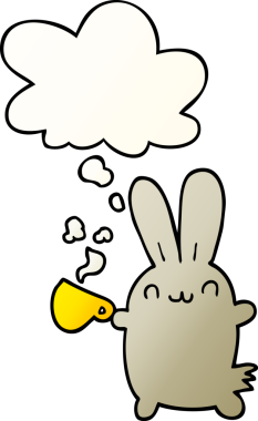 Sevimli çizgi film tavşanı bir insan tarafından çizilmiş yumuşak eğimli düşünce baloncuklu kahve içiyor.