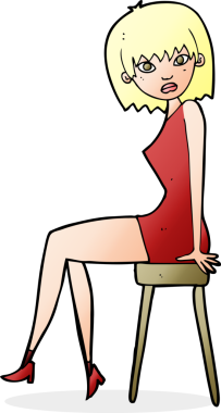 Bir insan tarafından çizilmiş taburede oturan karikatür kadını.