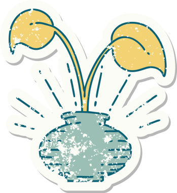 Bir insan tarafından çizilmiş vazoda dövmeli ev bitkisinin eski bir çıkartması.