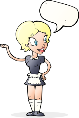 Bir insan tarafından çizilmiş konuşma balonu olan hizmetçi kostümlü bir kadın.