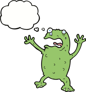 Bir insan tarafından çizilmiş düşünce balonlu ürkek bir kurbağa.