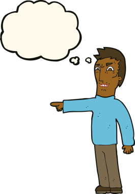 Bir insan tarafından çizilmiş düşünce baloncuğuyla işaret eden kızgın adam çizgi filmi.